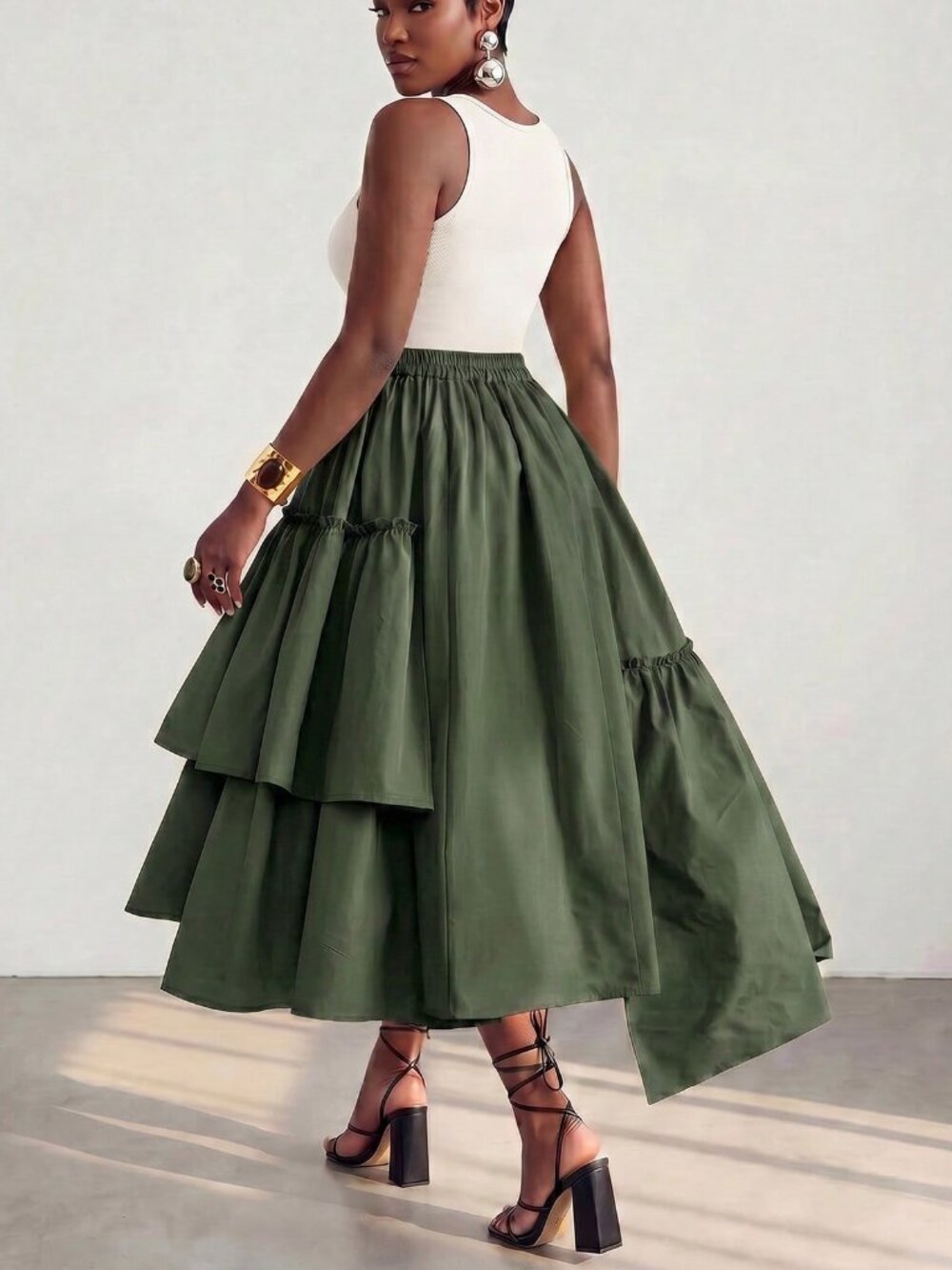 Green Casual Women's Elegant Brunch asymmetrical ruffled Skirt - Picture 2 of 5